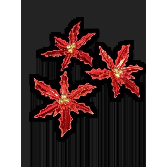 Vintage Poinsettia ClipOn Christmas Ornament Metallic Glitter w/ Jingle Bells 5” - Picture 1 of 7